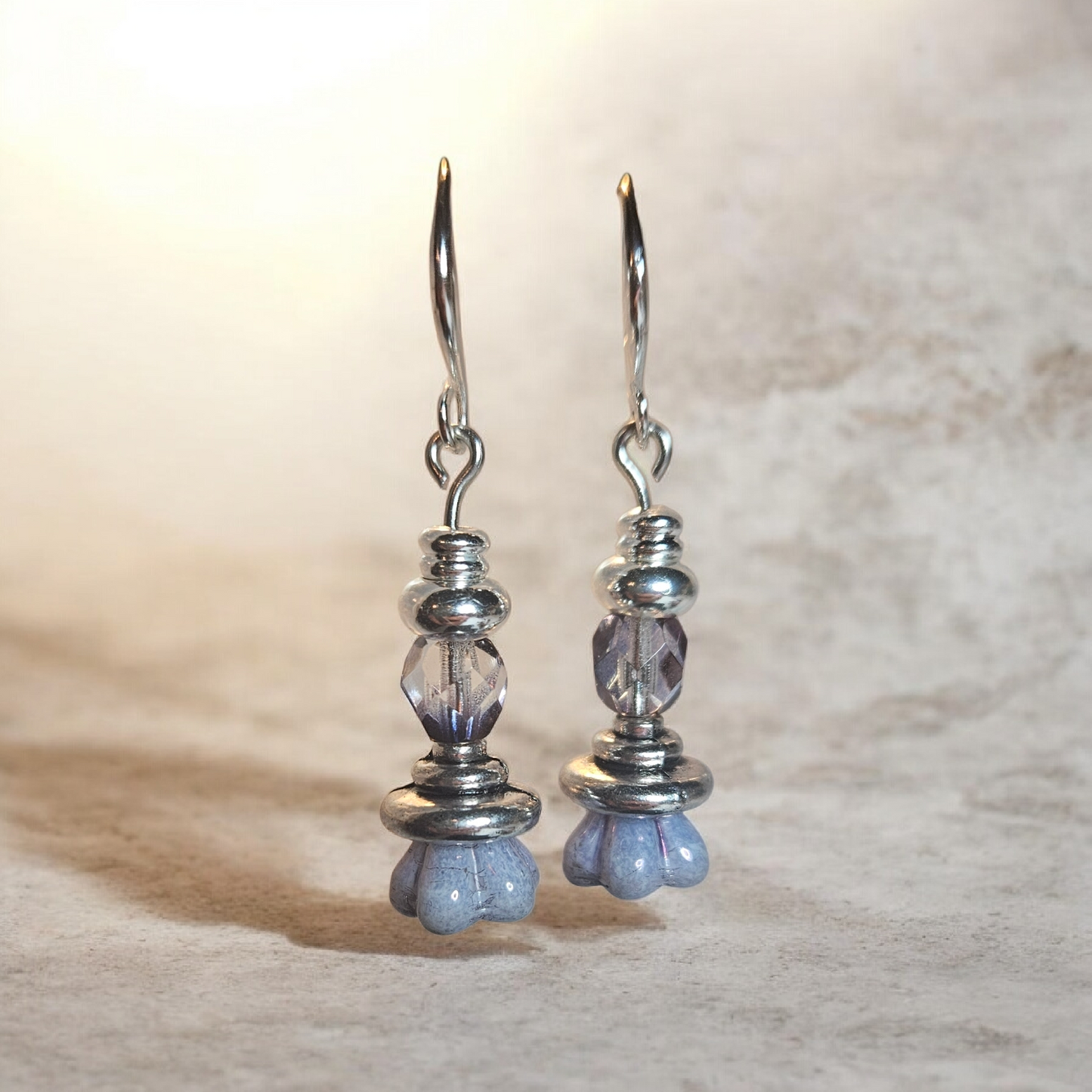 Czeck Glass Bell Flower Amethyst Earrings with Sterling Hook/Accents - 2 styles