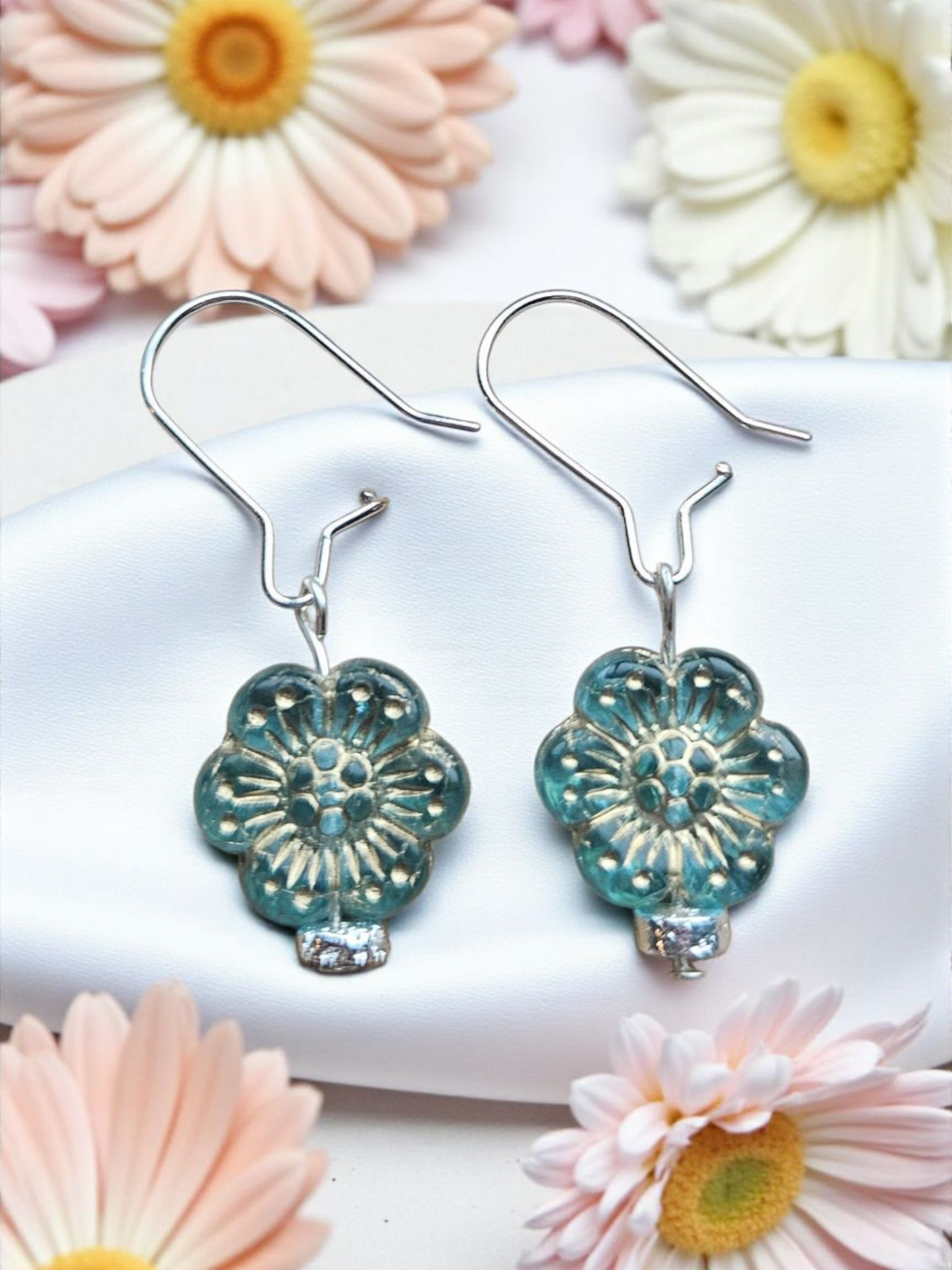 Aquamarine Flower Czech Earrings