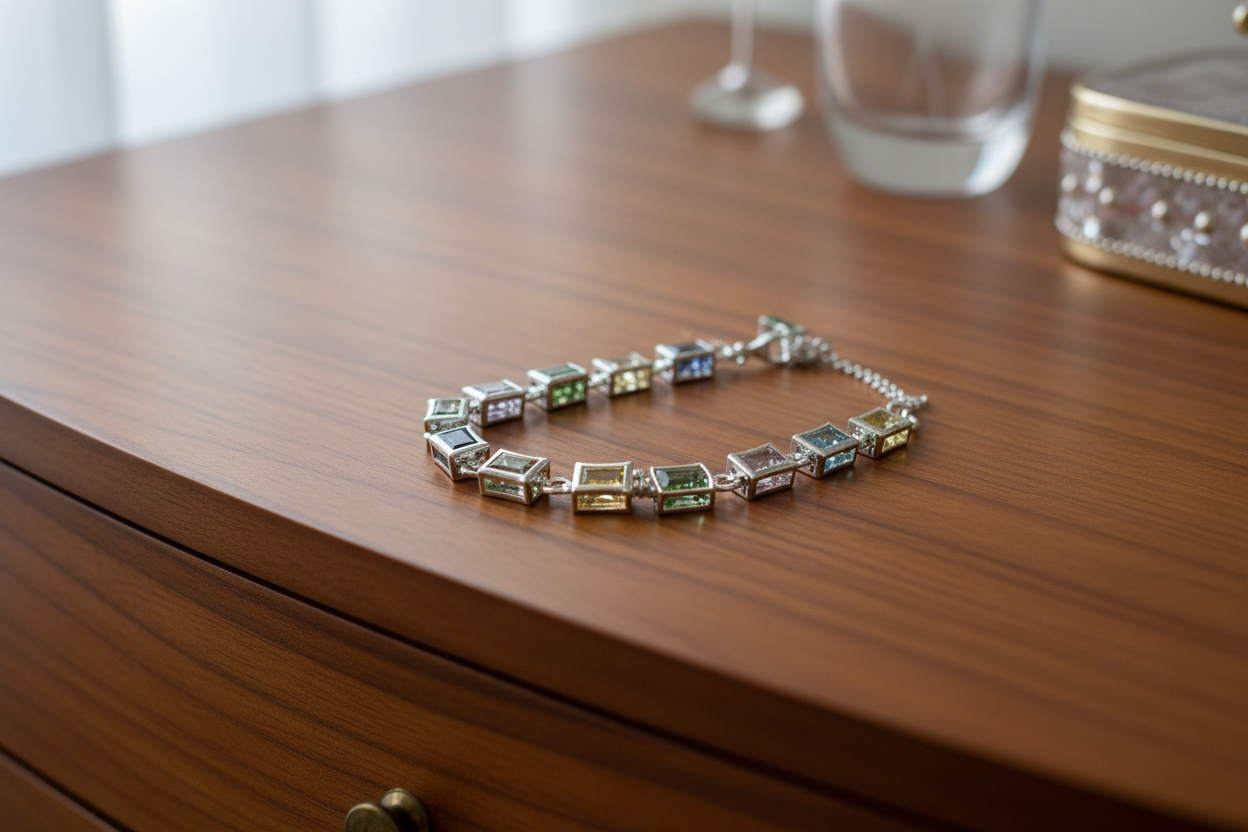 Bracelet with multicolored gemstones on a white background