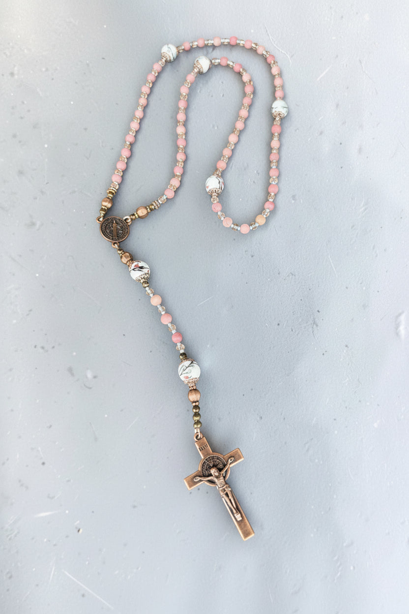 Hand painted Porcelain & Rhodochrosite Rosary