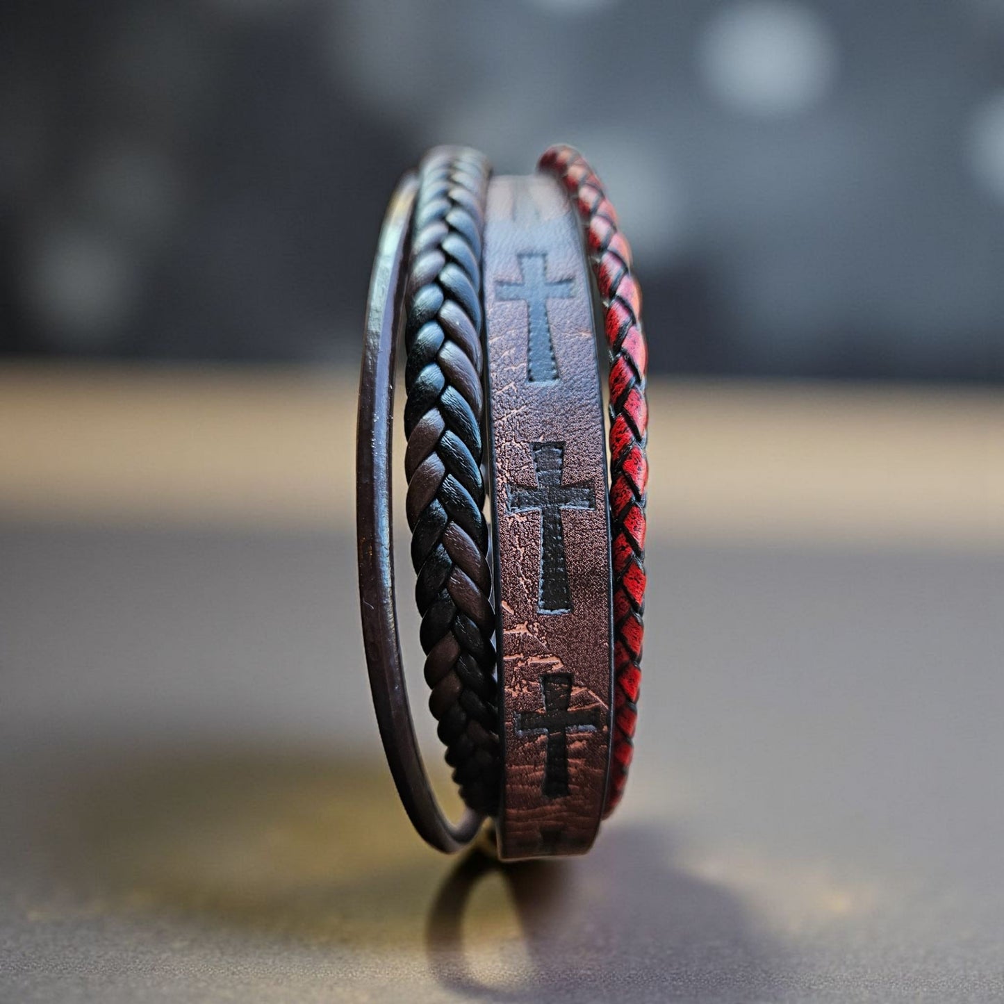 Leather Bracelet Cross Imprinted Braided