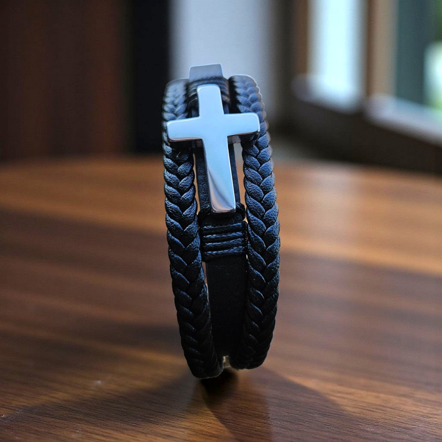 PU Leather Bracelet For Men Multilayer Braided w/ Stainless Steel Cross