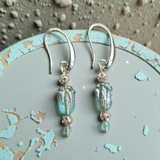 Tulip Aquamarine Czech Glass with Gold