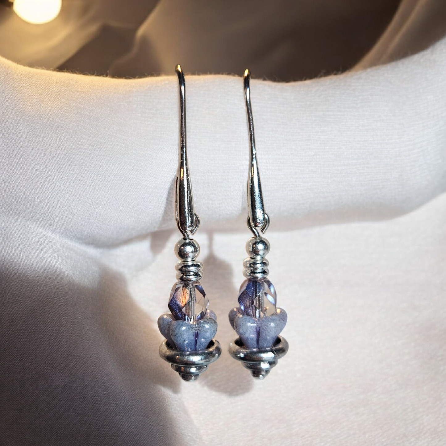 Czeck Glass Bell Flower Amethyst Earrings with Sterling Hook/Accents - 2 styles