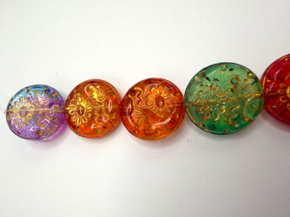 Glass Disc Beads with Sunflower Etching - 20 per strand
