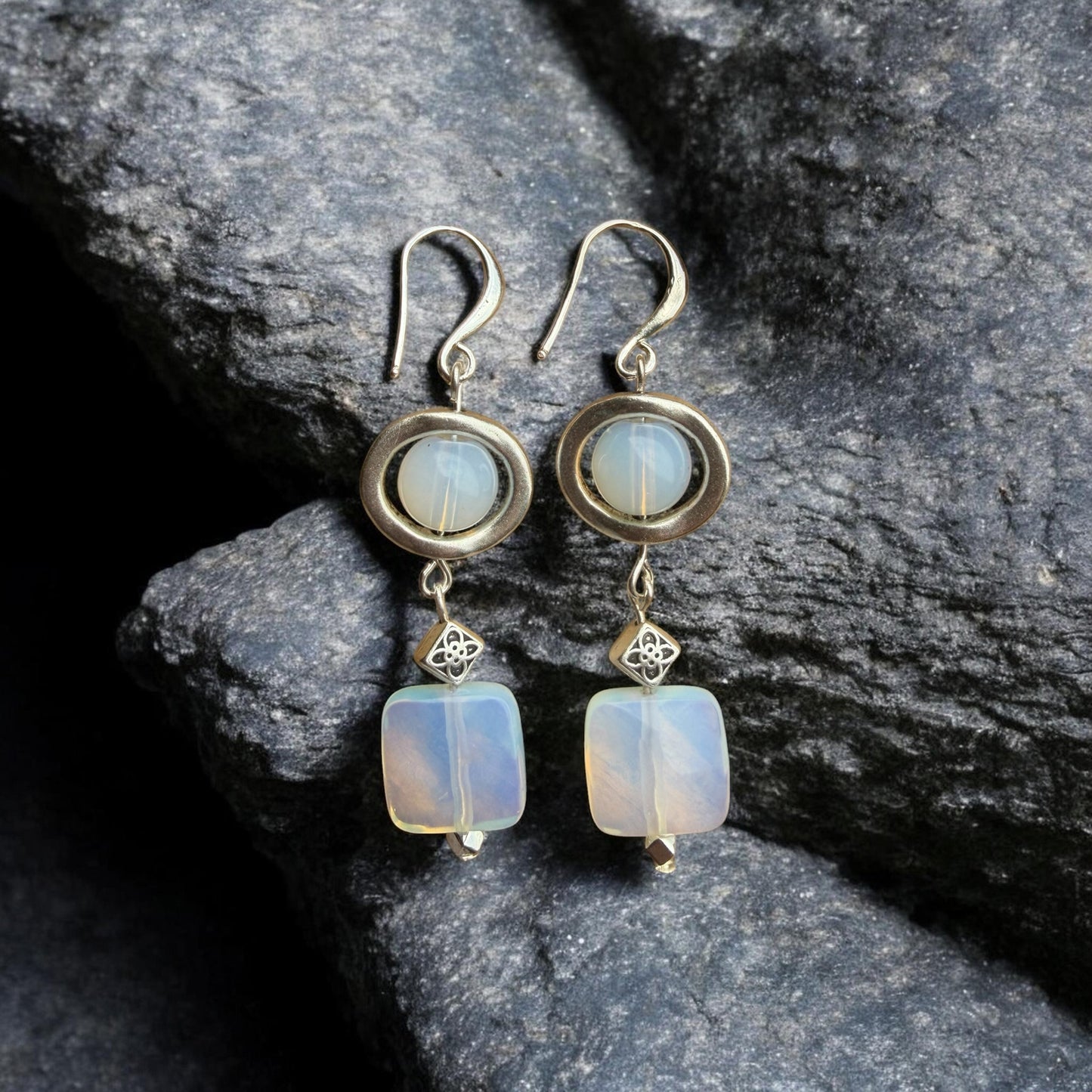 Opalite Square drop Earrings with Frame