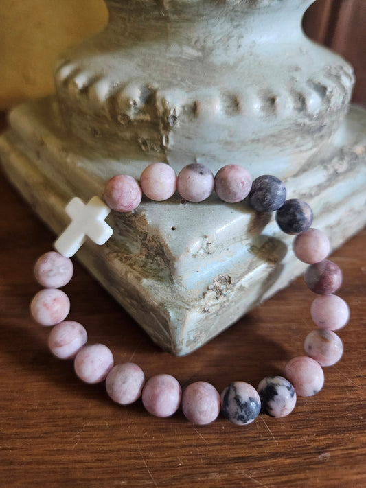 Pink Zebra Stone Cross Healing Prayer Bracelet 8mm
