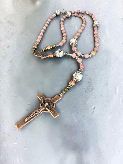 Hand painted Porcelain & Rhodochrosite Rosary
