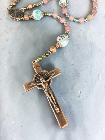 Hand painted Porcelain & Rhodochrosite Rosary