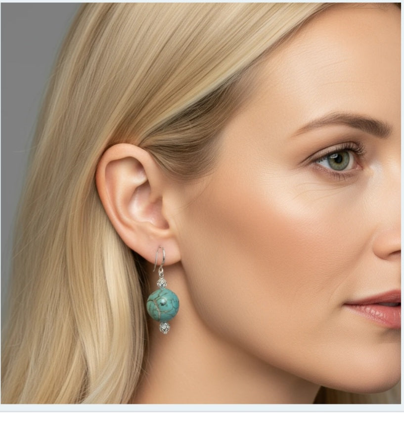 Round Turquoise Color Stone Earrings with Sterling Silver or 18k Gold Plated Ear Wire