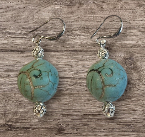 Round Turquoise Color Stone Earrings with Sterling Silver or 18k Gold Plated Ear Wire