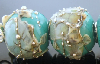 Lampwork Glass Handmade - Turquoise Green - Red Copper Earrings