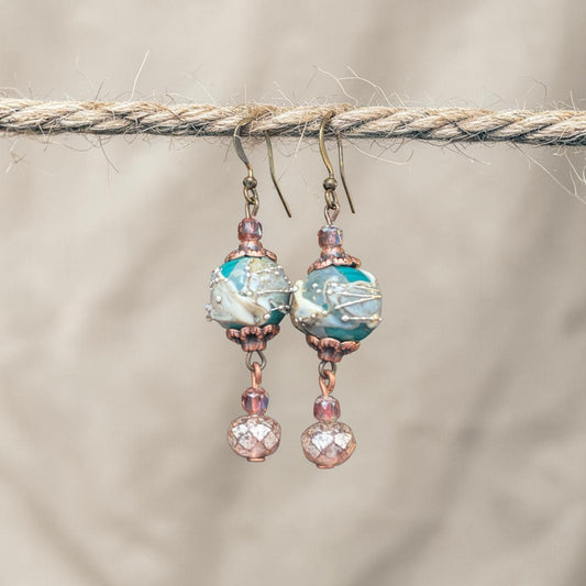 Lampwork Glass Handmade - Turquoise Green - Red Copper Earrings