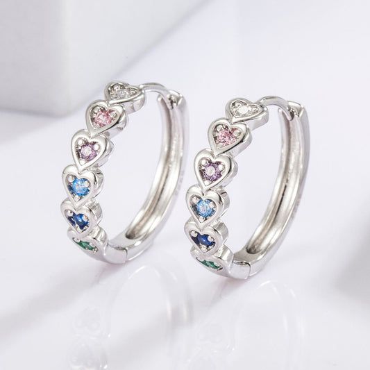 z- 925 Sterling Silver Inlaid Zircon Heart Huggie Earrings
