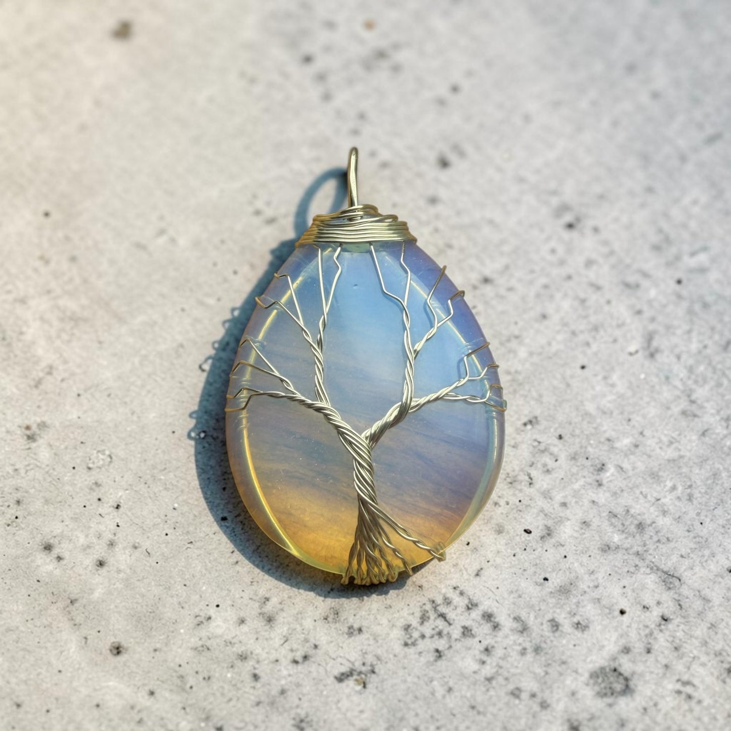 Opalite Silver Finish Wire-Wrapped Tree of Life Teardrop Pendant Necklace