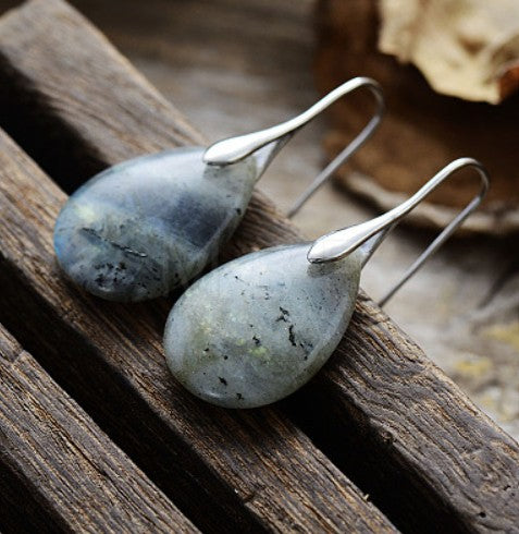 Natural Labradorite, Teardrop Earrings, Platinum