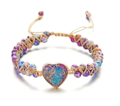 Jasper Boho Knitted Bracelets Multi-color with Heart Pendant - 5 Styles
