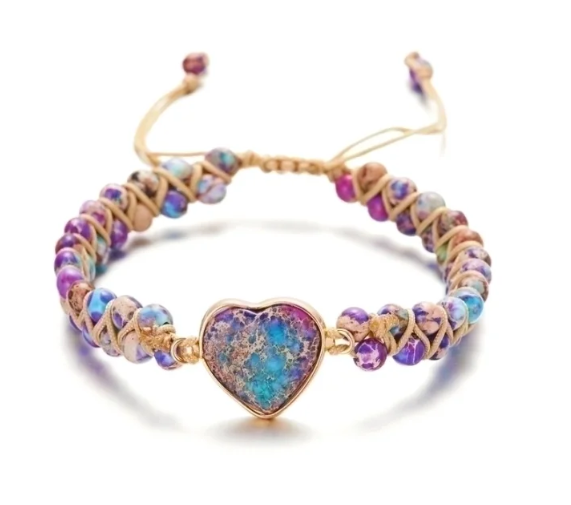 Jasper Boho Knitted Bracelets Multi-color with Heart Pendant - 5 Styles