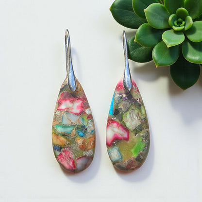 Jasper Multi Color Waterdrop or Teardrop Earrings - Silver or Gold hooks