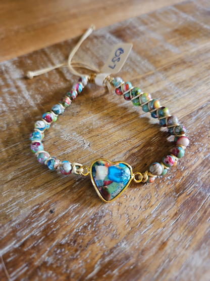 Jasper Boho Knitted Bracelets Multi-color with Heart Pendant - 5 Styles