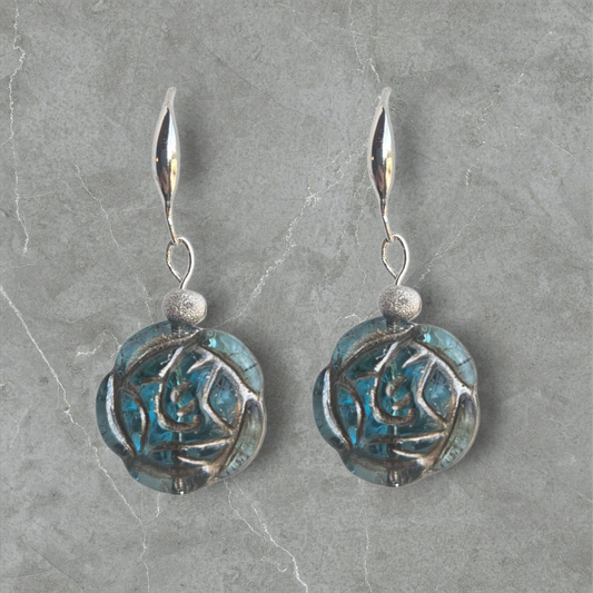 Aquamarine w/ Platinum Garden Rose Earring - Sterling