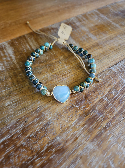 Jasper Boho Knitted Bracelets Multi-color with Heart Pendant - 5 Styles