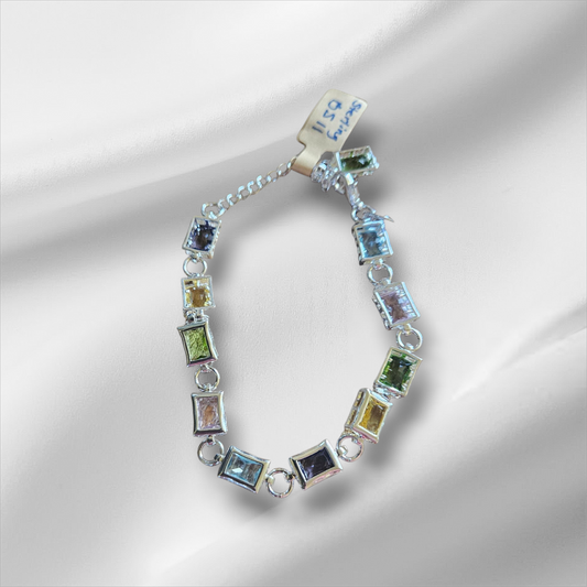 925 Sterling Silver Square Inlaid With Multi-Color Zirconia Chain Bracelet