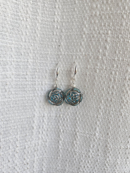 Aquamarine w/ Platinum Garden Rose Earring - Sterling