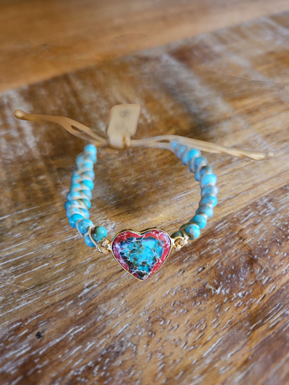 Jasper Boho Knitted Bracelets Multi-color with Heart Pendant - 5 Styles