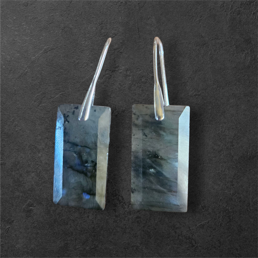 Natural Labradorite Rectangle Earrings - Sterling