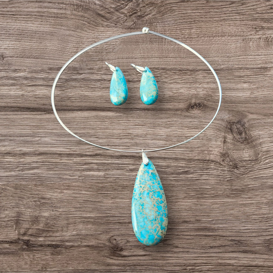 Impression Jasper Arctic Blue Teardrop Pendant Necklace or Earring