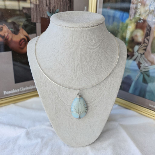 Opalite Silver Finish Wire-Wrapped Tree of Life Teardrop Pendant Necklace