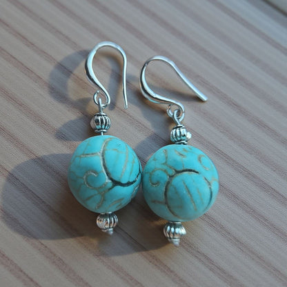 Round Turquoise Color Stone Earrings with Sterling Silver or 18k Gold Plated Ear Wire