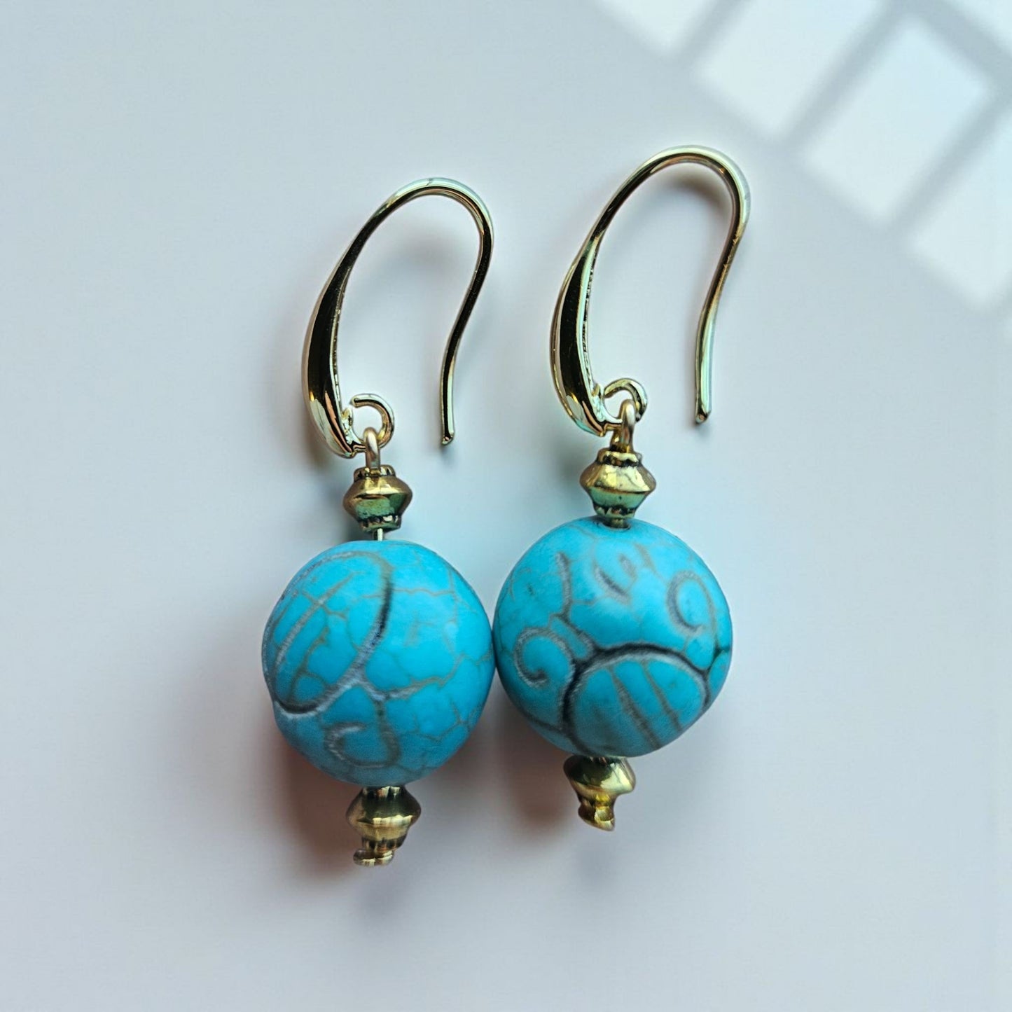 Round Turquoise Color Stone Earrings with Sterling Silver or 18k Gold Plated Ear Wire
